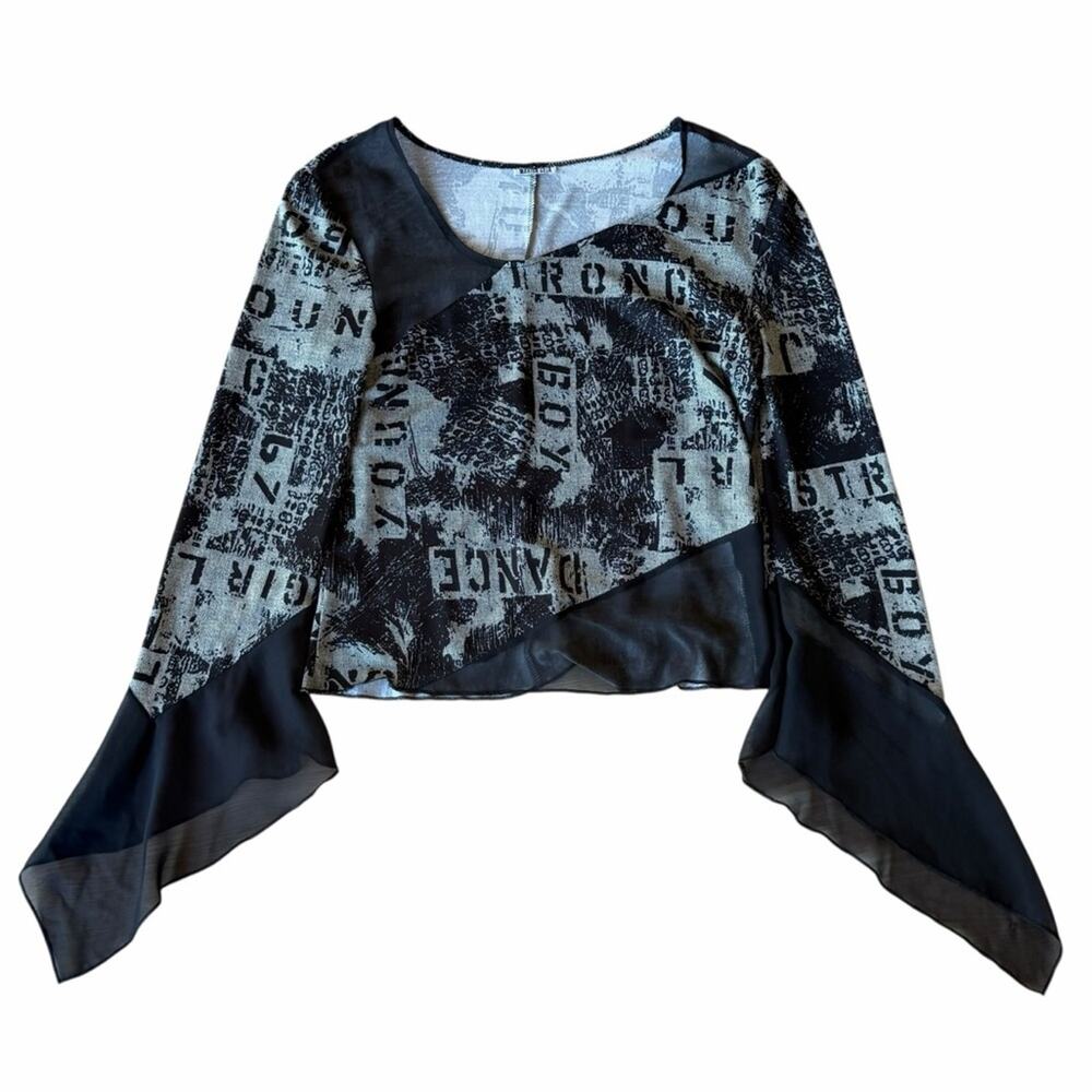 Euro Y2K Women’s Bell Sleeve Graphic Mesh Club Top Size Medium 6/8